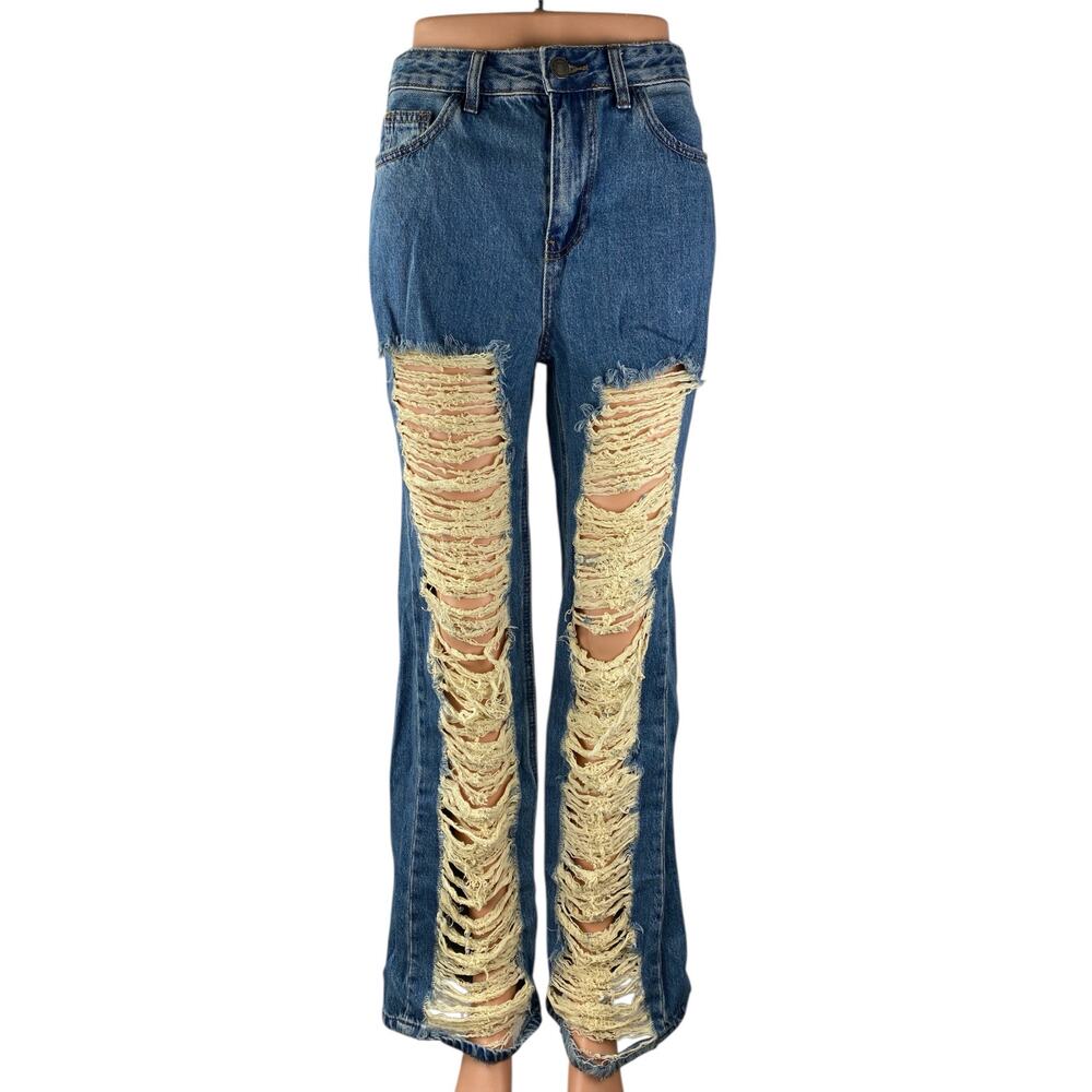 Stradivarius Str Blue Distressed Baggy High Rise Flare Denim Jeans Pants Size 4